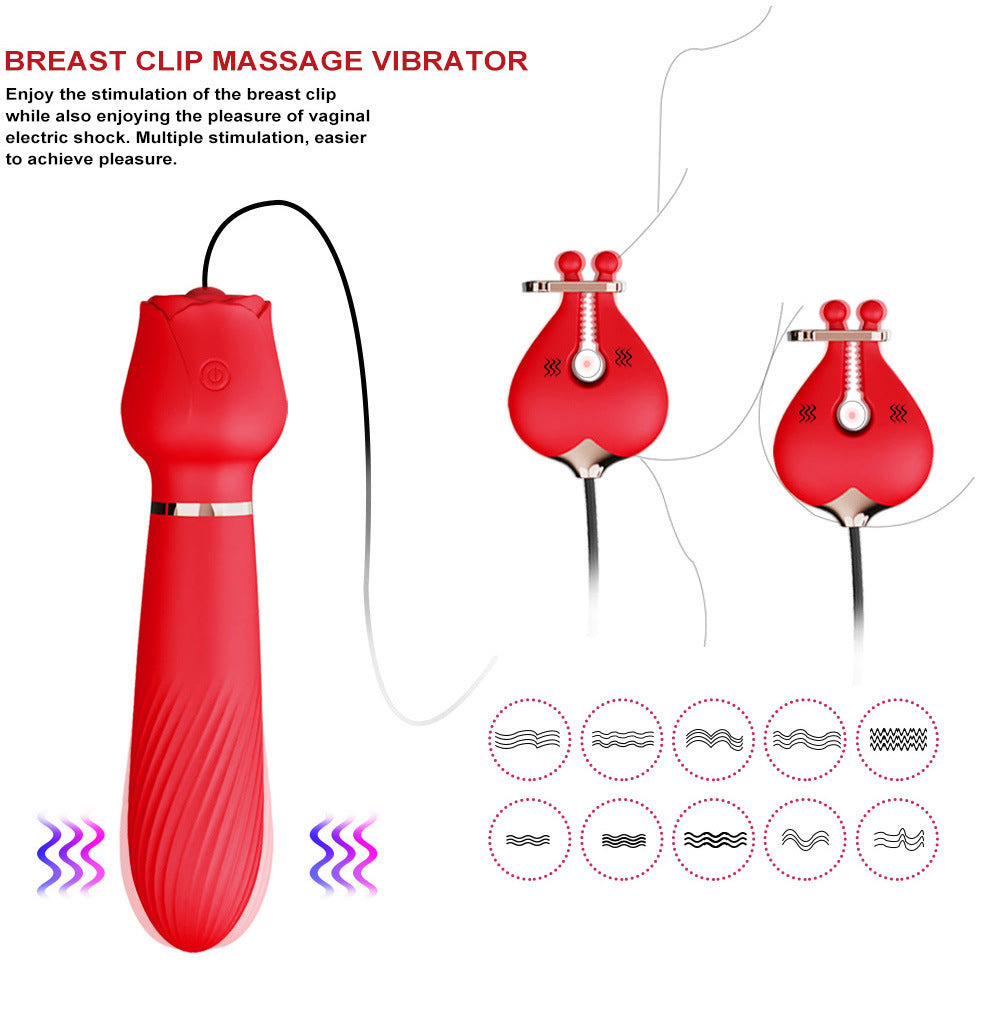 G-Punkt-Vibrationsdildo, Doppel-Nippelklemmen-Vibrator – 2-in-1-Rosen-Sexspielzeug für Frauen