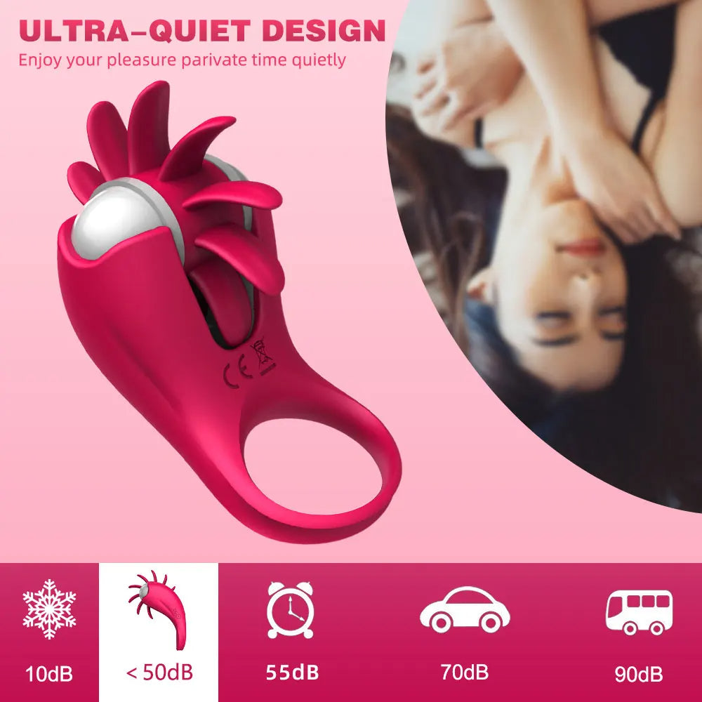 Anneau pénien vibrant léchant la langue stimulateur de clitoris - 10 modes d'éjaculation retardée plaisir amélioré