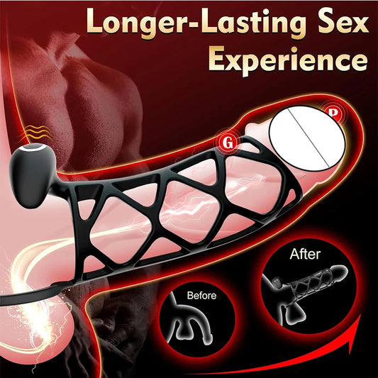 Vibrating Cock Ring Penis Sleeve Male Sex Toys - Silicone Net Sheath Delay Ejaculation Extender