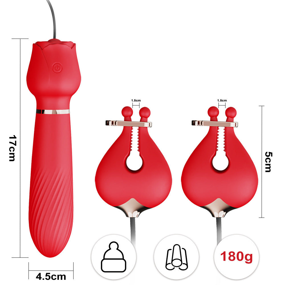 G-Punkt-Vibrationsdildo, Doppel-Nippelklemmen-Vibrator – 2-in-1-Rosen-Sexspielzeug für Frauen