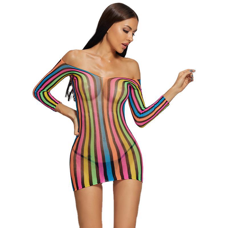Sinnliches langärmliges Bodystocking-Minikleid in Regenbogenfarben – sexy, verführerische Uniform für die Versuchung im Schlafzimmer