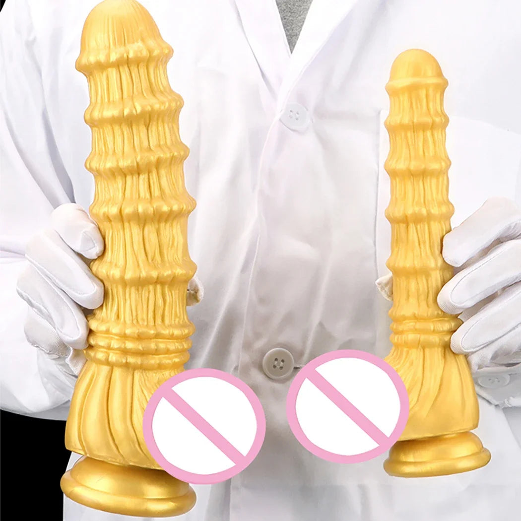 Huge Fantasy Anal Dildo Butt Plug - Golden Knotted Silicone Dildos Suctions Cup Sex Toy