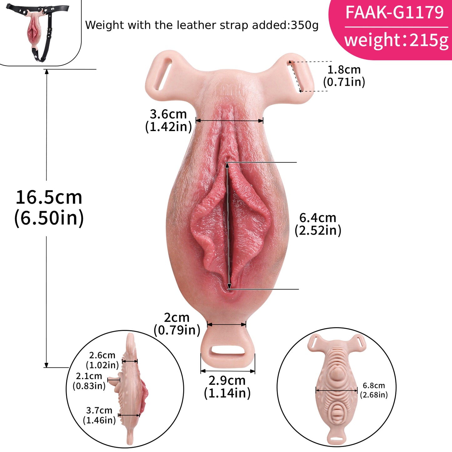 Closed Labia Fake Vagina Strap-On with Mouth & Tongue Stimulator — Platinum Silicone Wearable Vulva Massager for Solo & Couples Play