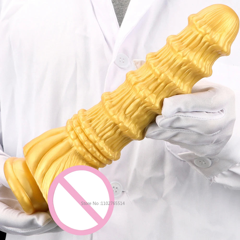 Huge Fantasy Anal Dildo Butt Plug - Golden Knotted Silicone Dildos Suctions Cup Sex Toy
