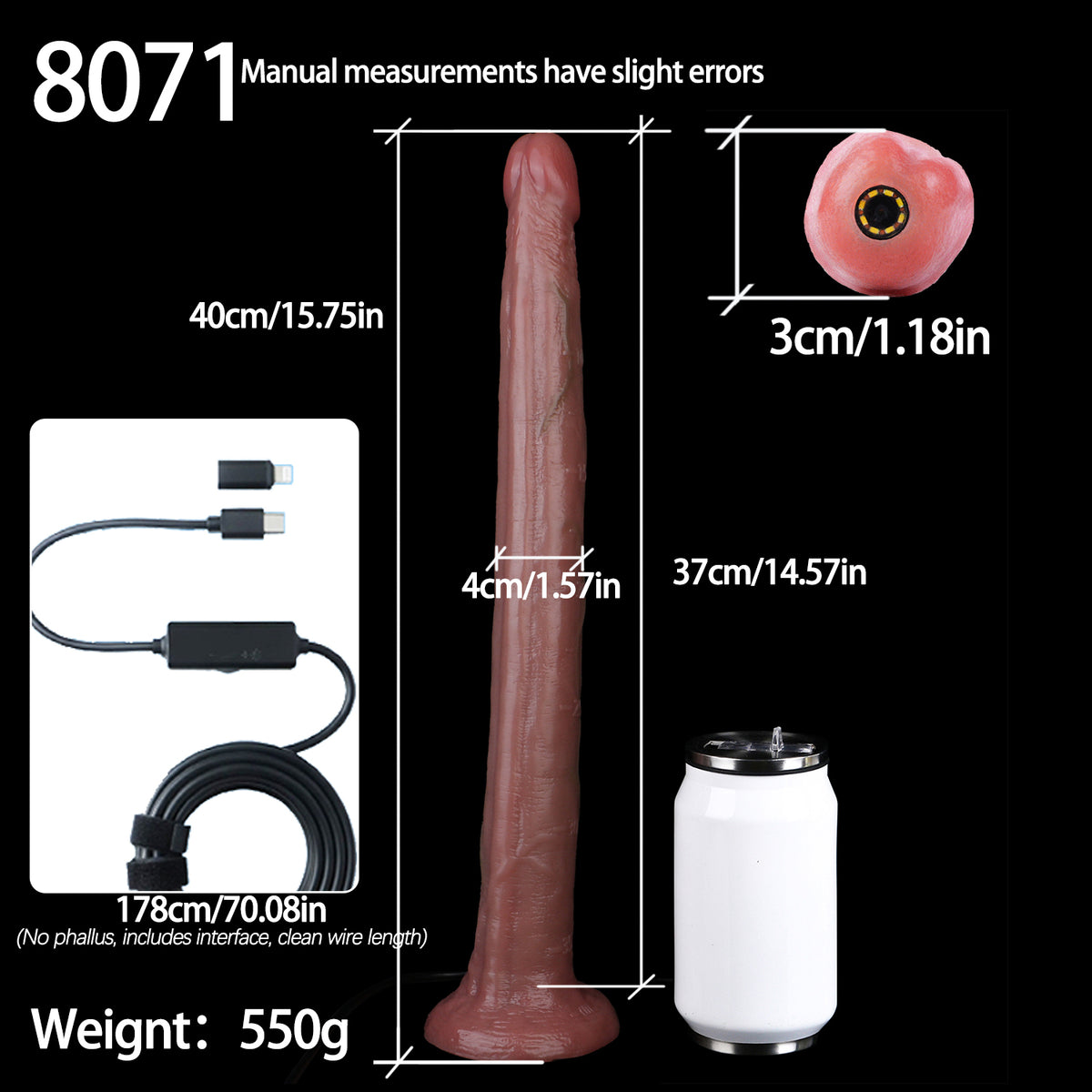 Deep Brown Long Dildo with Live Camera — Dark Skin Tone Endoscope Exploration Shaft, 3MP HD, 8-LED, App-Connected, IP68 Waterproof & Suction Cup in Platinum Silicone