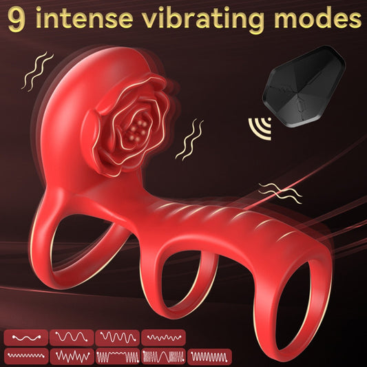 Triple Cockring Vibrating Penis Sleeve - APP Remoter Control Clit Stimulator Rose Toy