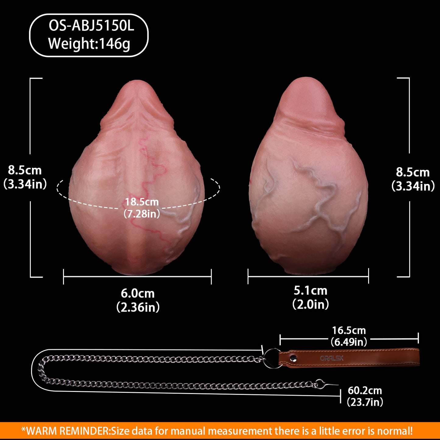 Realistic Silicone Anal Egg Plug with Steel Chain & Leather Strap – Multi-Use Butt Plug for Controlled Depth Play