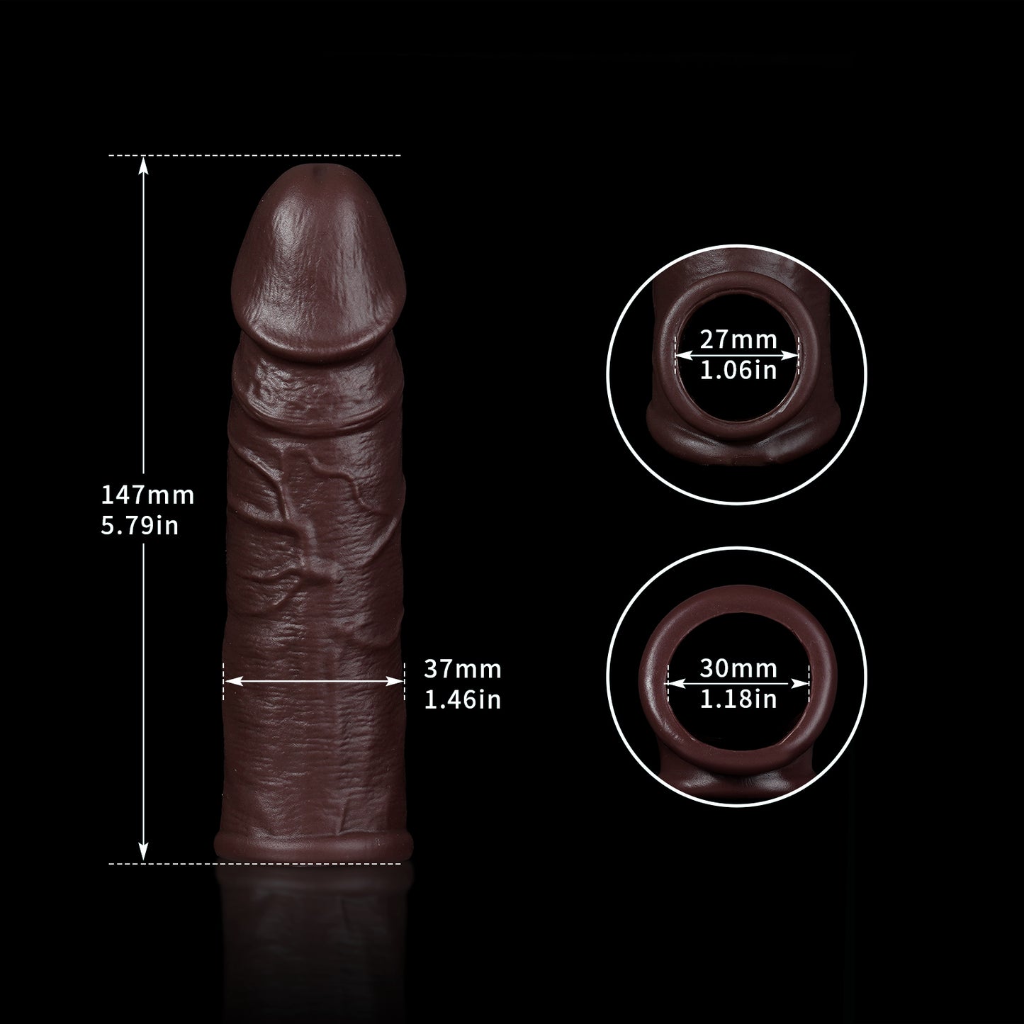 Extension de manche de gode réaliste en ébène, anneau de pénis en Silicone grandeur nature, jouet sexuel masculin