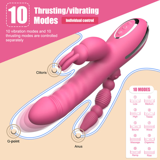 Rabbit Clit Stimulator Anal Beads Thrusting Dildo G-spot Vibrator - 3-in-1 Anal Sex Toys