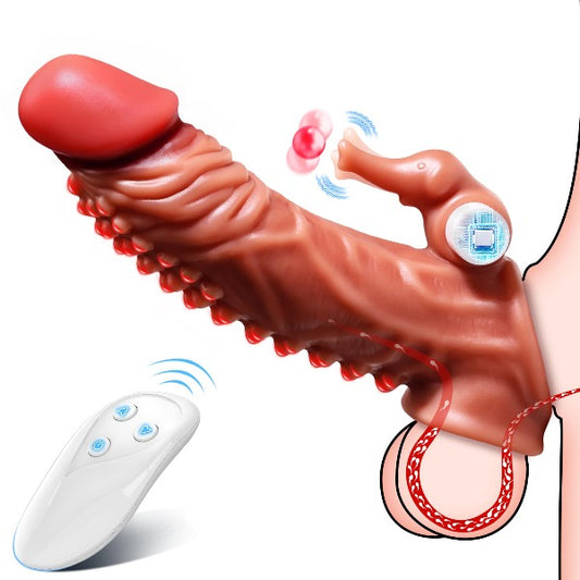 Remote Control Vibrating Cock Sleeve - Clit Stimulator Knotted Penis Sheath Male Extender