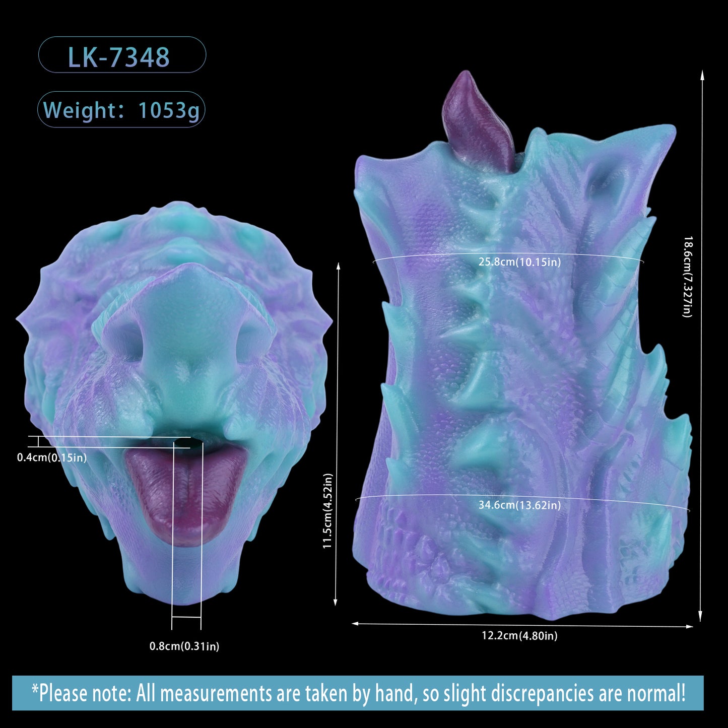 Dragon Mouth Pocket Pussy — Platinum Silicone Fantasy Dragon Masturbator in Teal & Purple with Scale Texture, Horns & Single-Channel Design