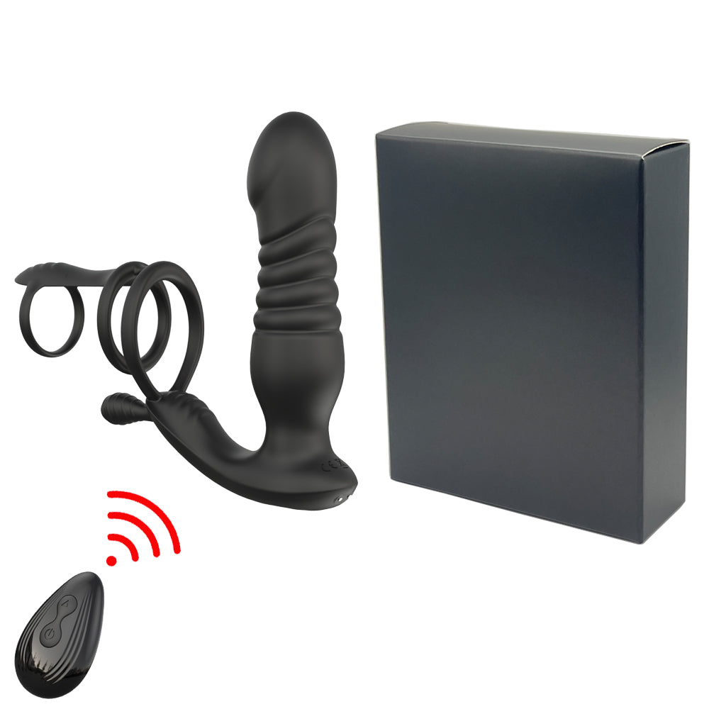 Remote Control Thrusting Dildo Prostate Massager - Triple Cock Rings A Domlust Remote Control Thrusting Dildo Prostate Massager - Triple Cock Rings A Domlust