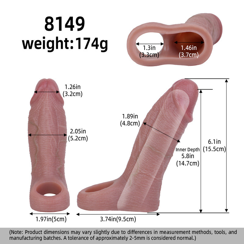 Ultra-Realistic Liquid Silicone Cock Sleeve Textured Penis Extender Sheath with Erection Ring & Ejaculation Tip for Couples Play