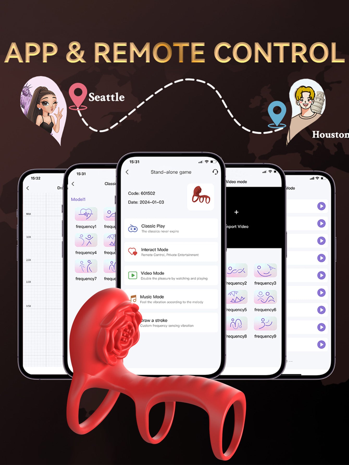 Manchon de pénis vibrant Triple Cockring - Stimulateur de clitoris télécommandé par application Rose Toy