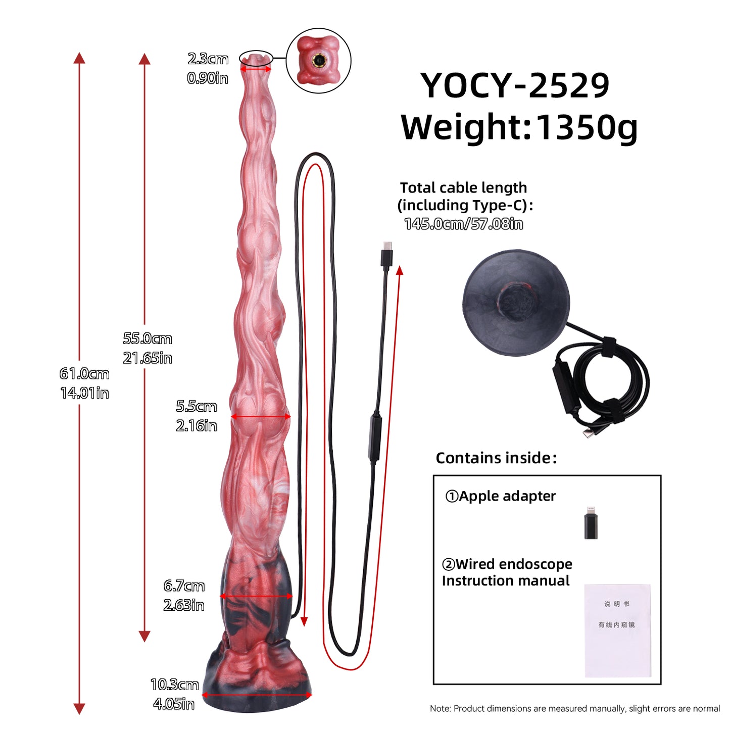 Abyss Fantasy Long Dildo — Platinum Silicone Segmented Bulge Design with HD Endoscopic Camera, 8-LED Ring & Suction Base