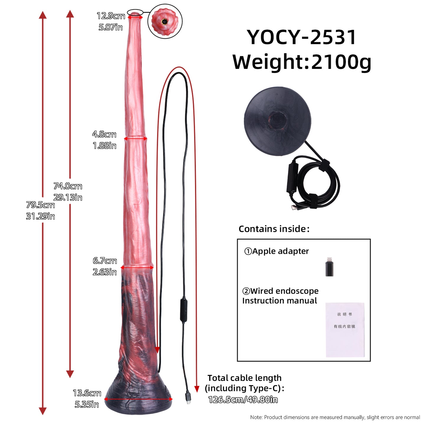 Scarlet Mare Long Dildo — Platinum Silicone with Lava-Texture Segmented Shaft, Crown Tip HD Camera & App Live View