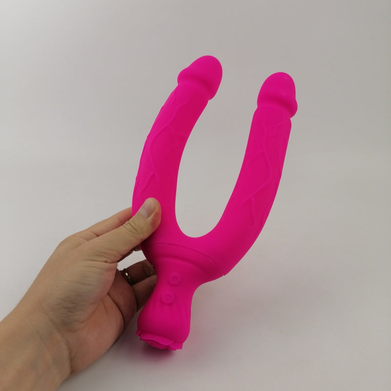 Rose Suction Vibrating Dual-Ended Double Dildo - Lesbian Exclusive Interchangeable BDSM Toys