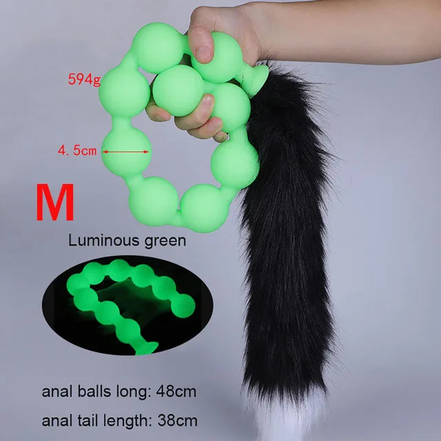 Lange Analkugeln, Silikon-Schwanz-Buttplug – Große Analerweiterung, leuchtendes Anal-Sexspielzeug