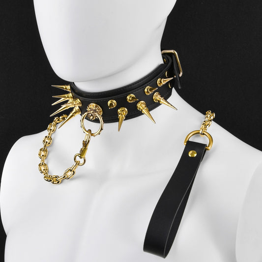 Leather Strap-on Spiked BDSM Collar - Extreme Restraints Training and Dragging Toys