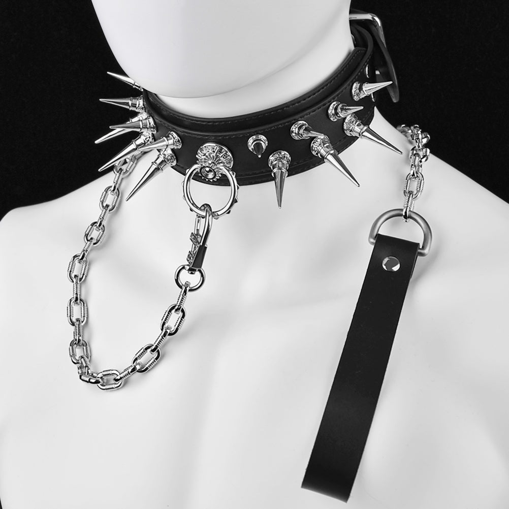 Leather Strap-on Spiked BDSM Collar - Extreme Restraints Training and Dragging Toys