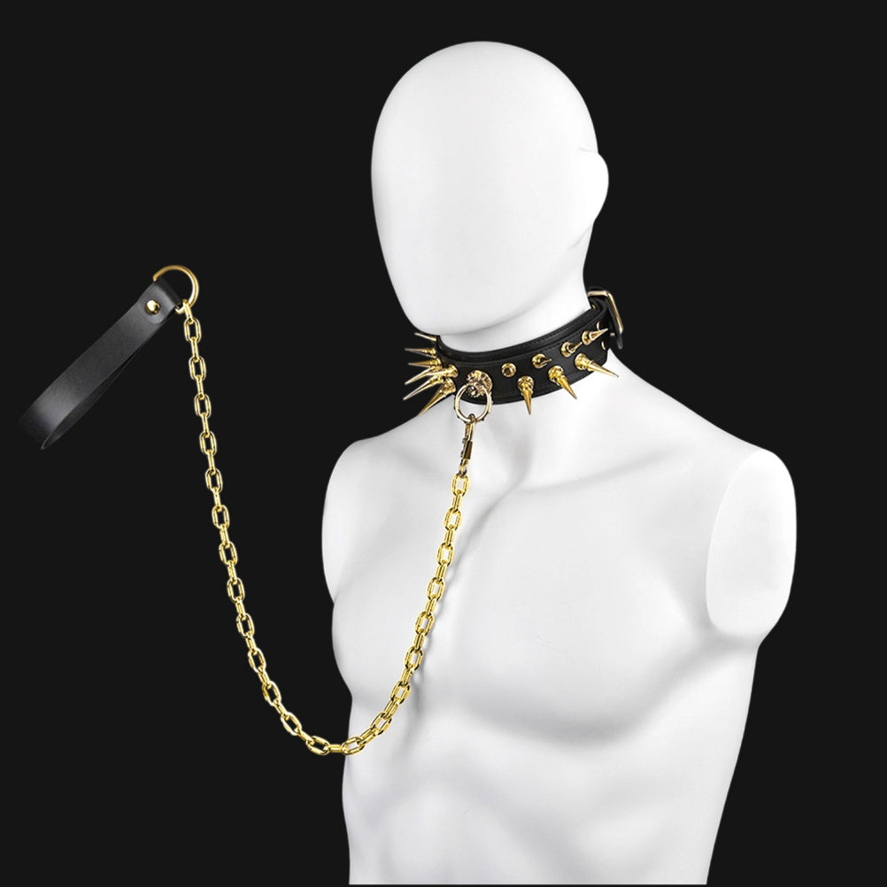 Leather Strap-on Spiked BDSM Collar - Extreme Restraints Training and Dragging Toys