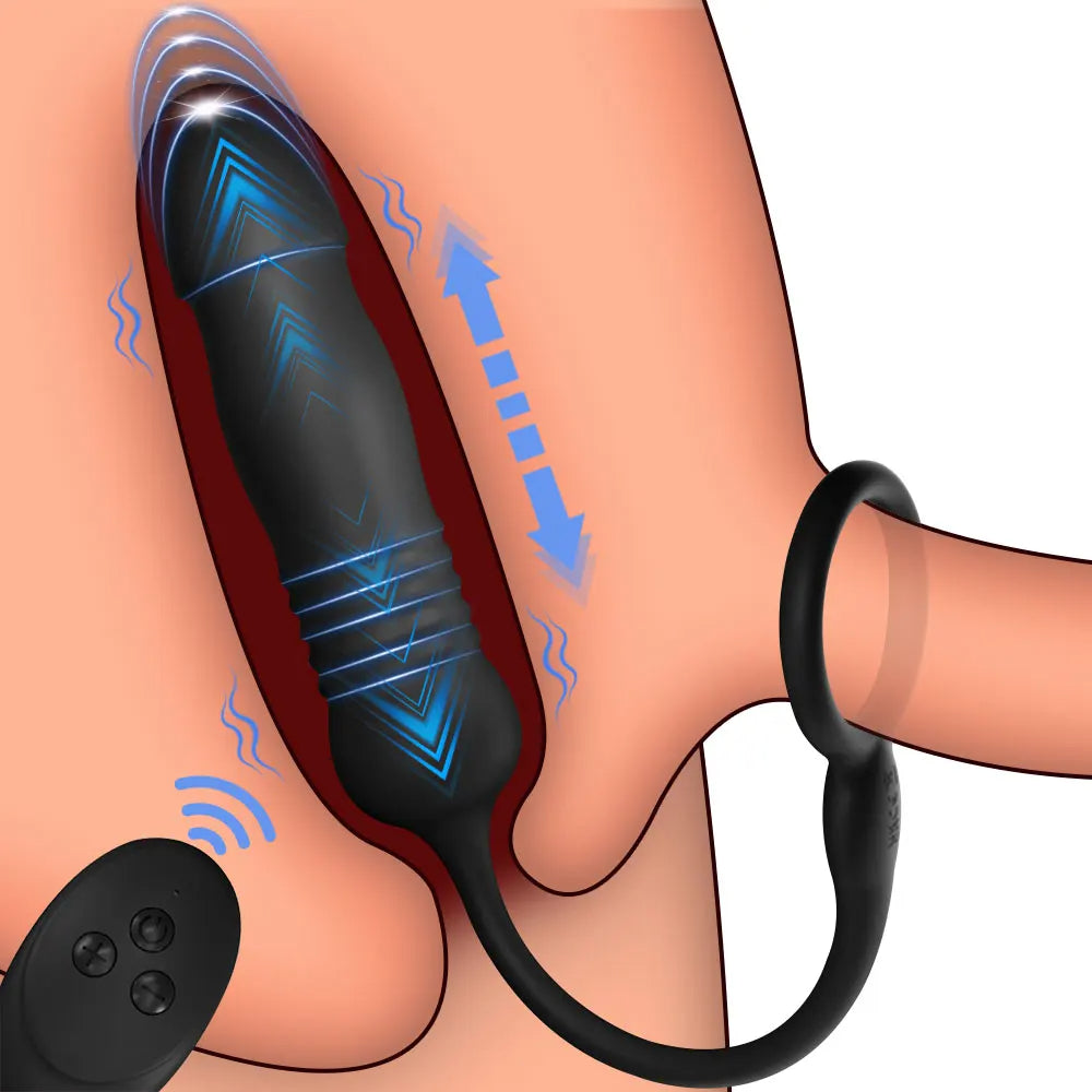 Fernbedienungs-Stoßdildo-Analplug - Penisring-Trainer für verzögerte Ejakulation
