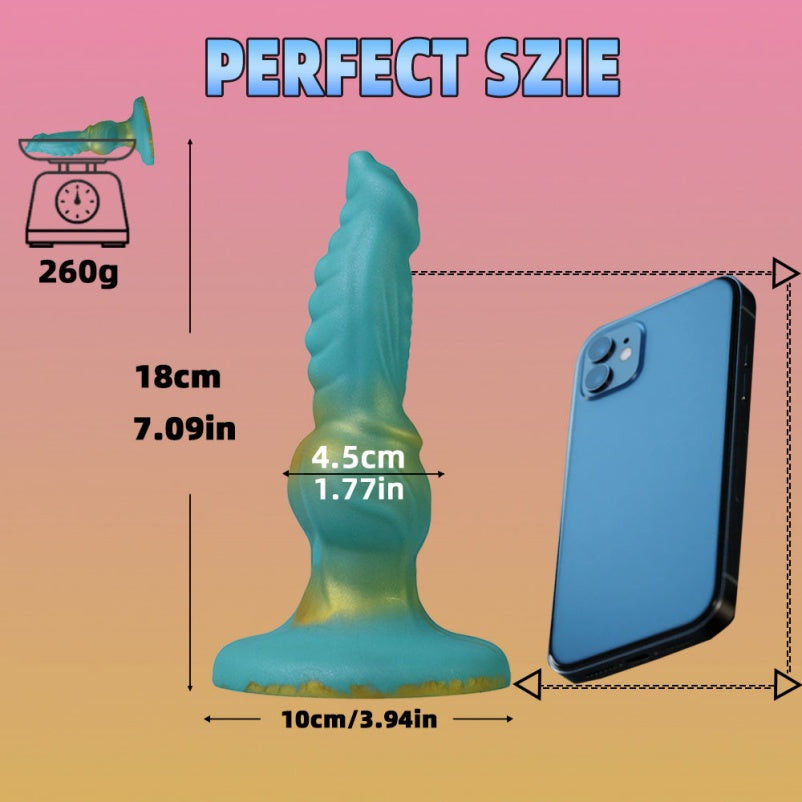 Gode Fantasy Canine avec ventouse – Jouet de stimulation vaginale verrouillé en silicone bleu et or