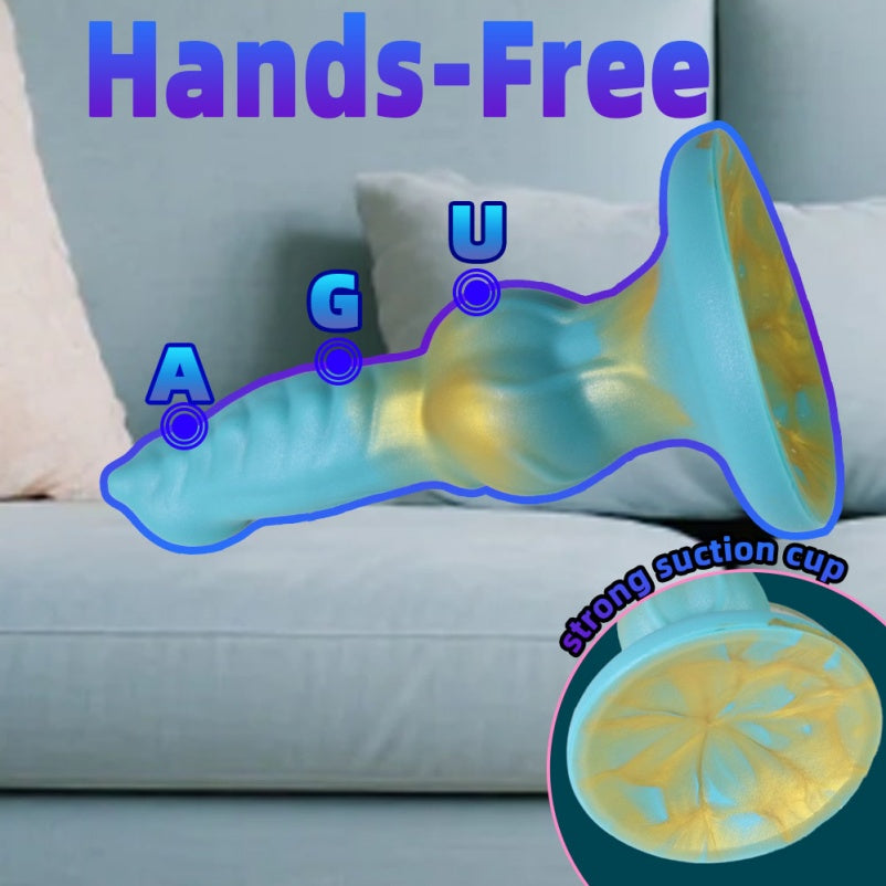 Gode Fantasy Canine avec ventouse – Jouet de stimulation vaginale verrouillé en silicone bleu et or