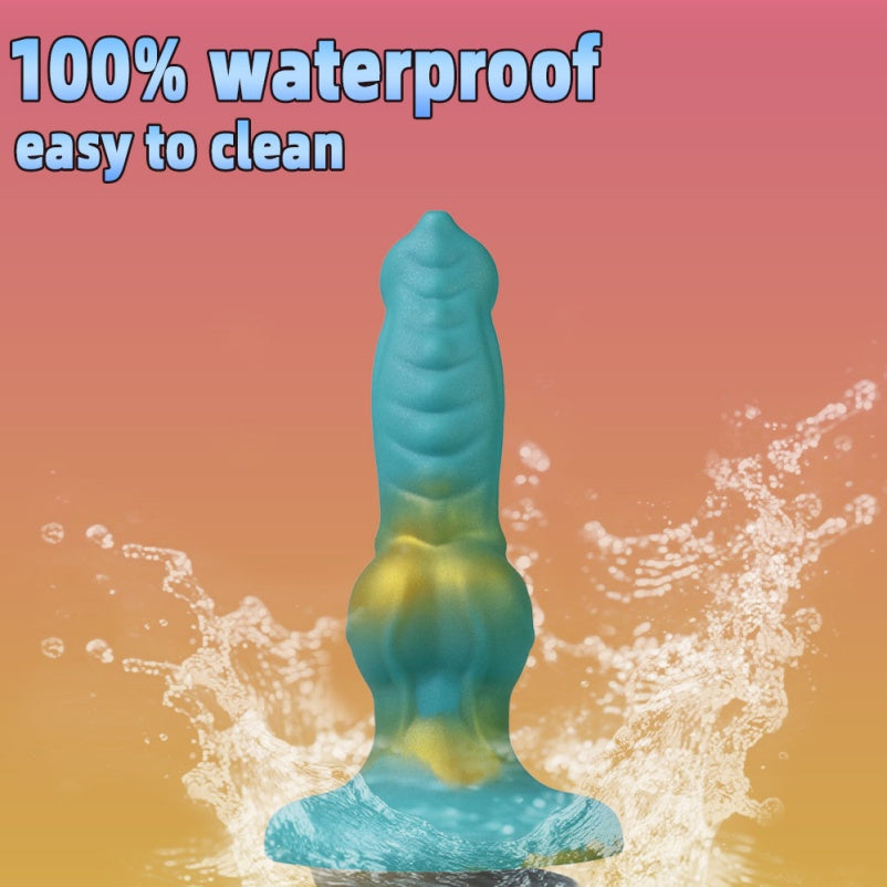 Gode Fantasy Canine avec ventouse – Jouet de stimulation vaginale verrouillé en silicone bleu et or