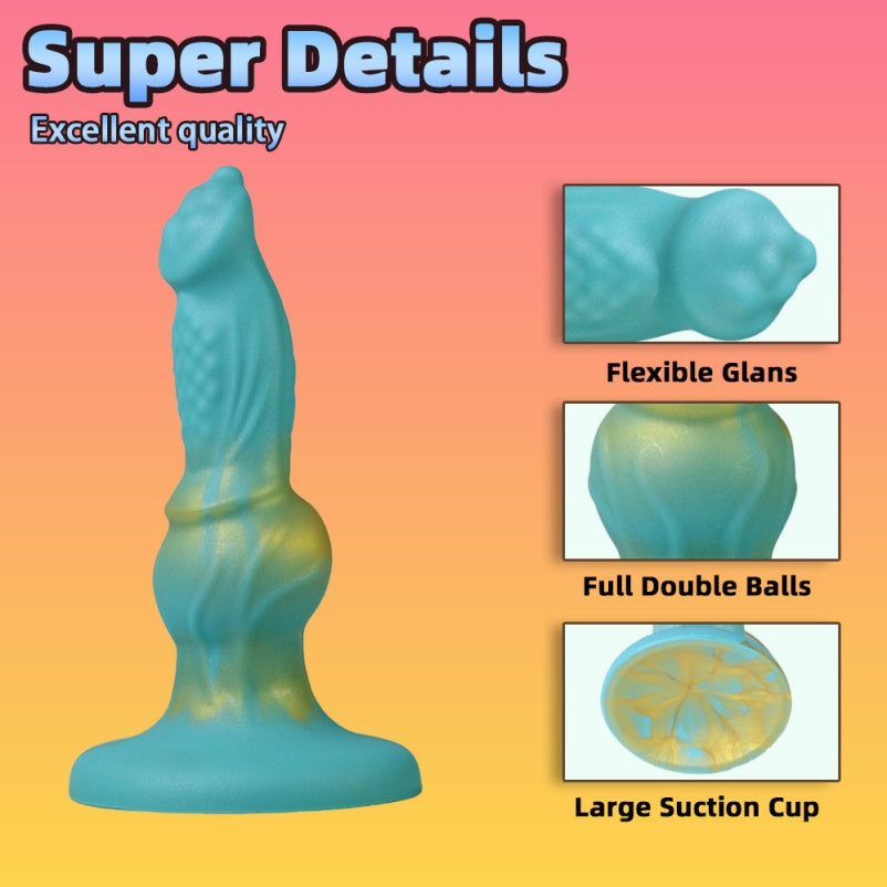 Gode Fantasy Canine avec ventouse – Jouet de stimulation vaginale verrouillé en silicone bleu et or