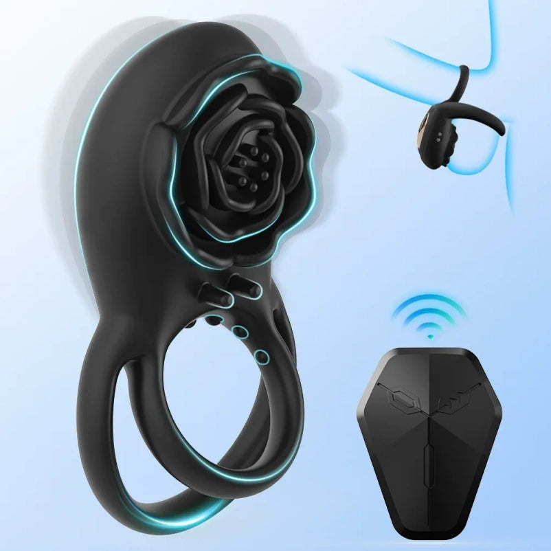 Silicone Cock Ring with Vibrating Rose Clitoral Wireless Remote-Cont Domlust Silicone Cock Ring with Vibrating Rose Clitoral Wireless Remote-Cont Domlust