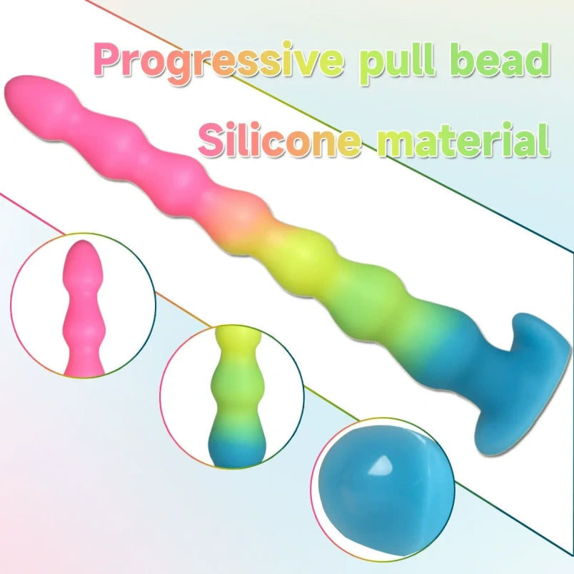 Gode anal en silicone arc-en-ciel avec perles anales et ventouses pour une expansion vaginale progressive