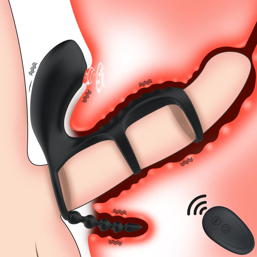 Remote Control Oral Clit Sucking Anal Beads Double Cock Ring - 3-in-1 Domlust Remote Control Oral Clit Sucking Anal Beads Double Cock Ring - 3-in-1 Domlust