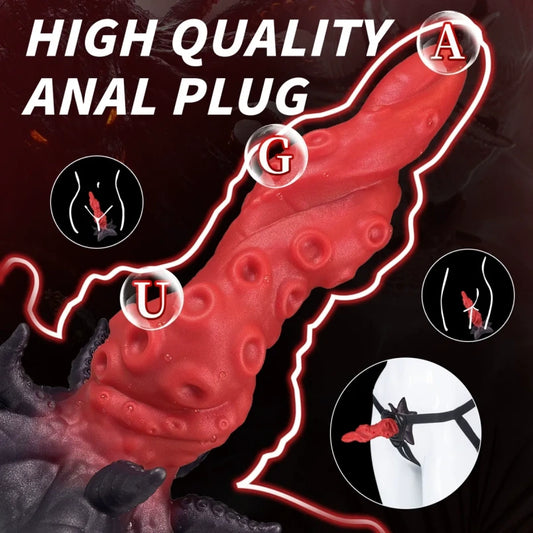 Blood-Red Tentacle Silicone Fantasy Dildo Butt Plug – Strap On Insertable Vaginal Sex Toys