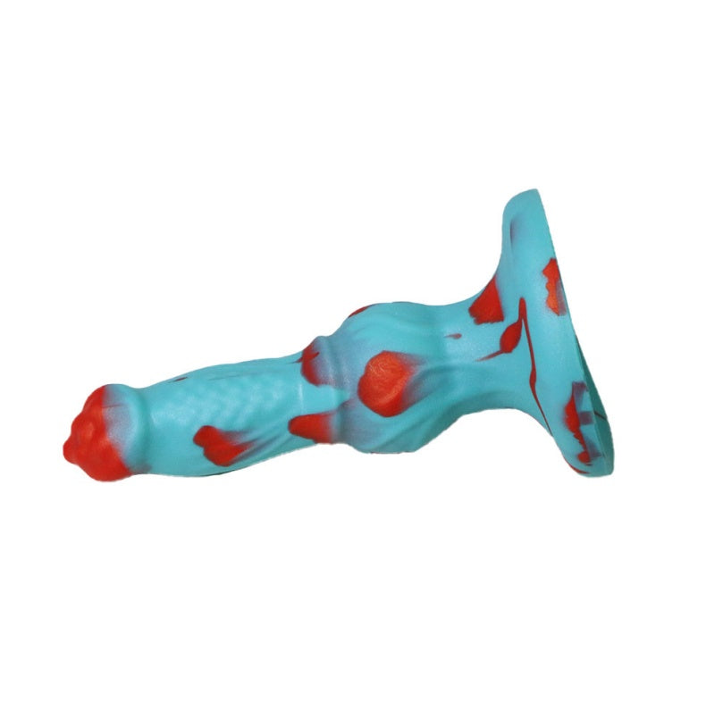 Gode en silicone bleu et rouge en forme de chien fantaisie – Insertion pour expansion et stimulation vaginales
