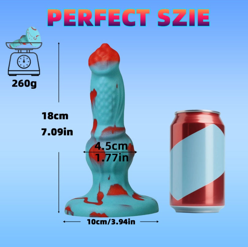 Gode en silicone bleu et rouge en forme de chien fantaisie – Insertion pour expansion et stimulation vaginales