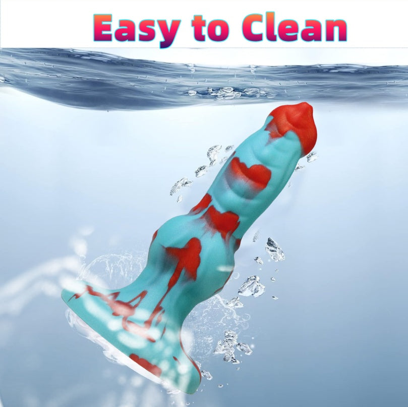 Gode en silicone bleu et rouge en forme de chien fantaisie – Insertion pour expansion et stimulation vaginales