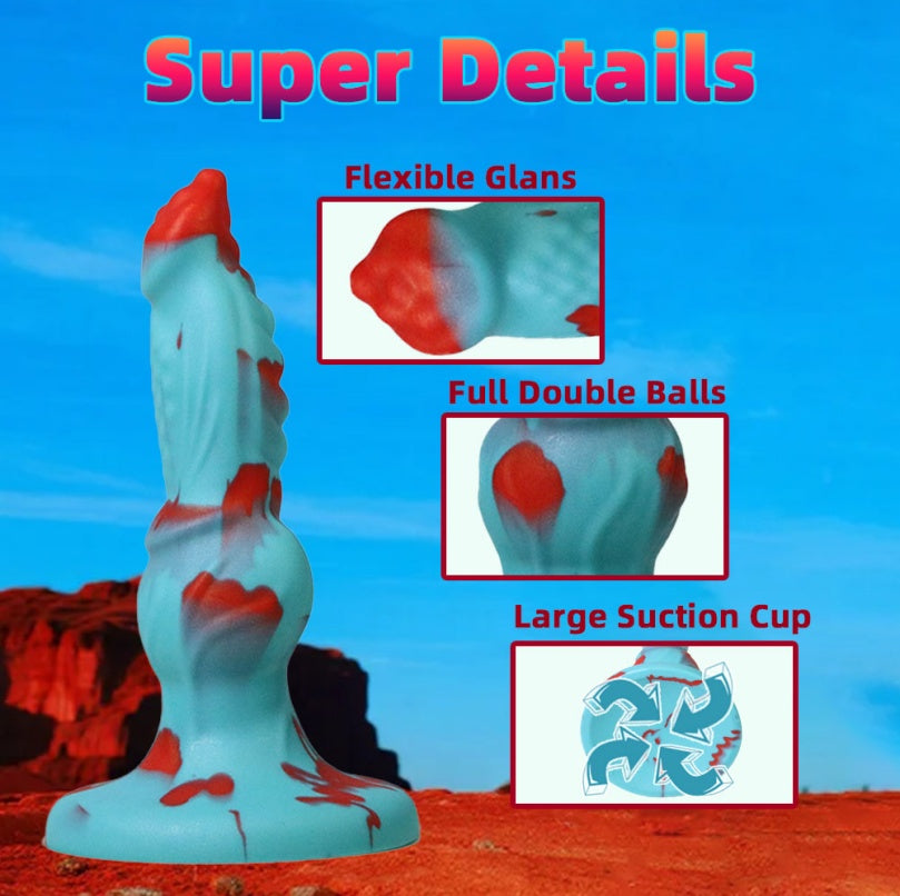 Gode en silicone bleu et rouge en forme de chien fantaisie – Insertion pour expansion et stimulation vaginales