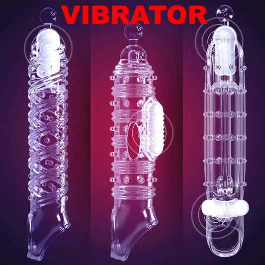 Cock Sleeve Vibrating Penis Enlarger - Vagina Clit Stimulator Condom Male Sex Toy