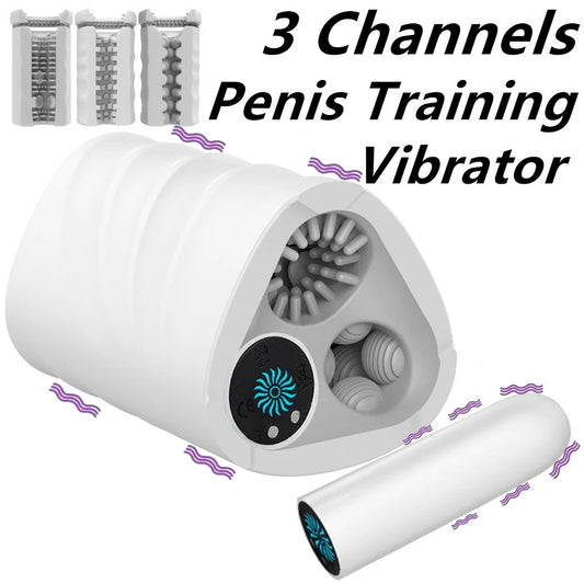 Vibrating Pocket Pussy Male Masturbator - 3 Open Lifelike Vaginal Penis Massage Sex Toy