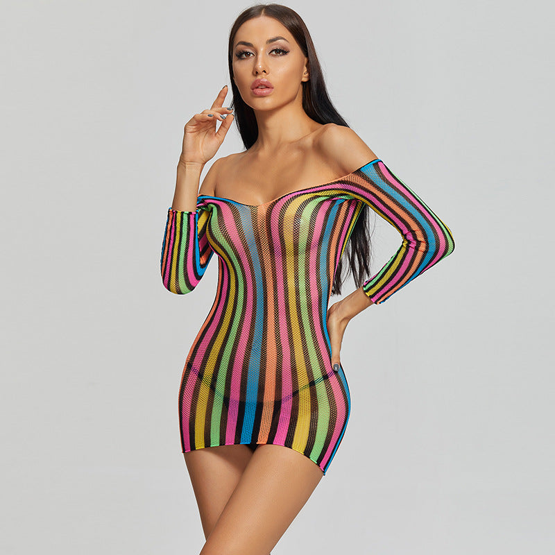 Sinnliches langärmliges Bodystocking-Minikleid in Regenbogenfarben – sexy, verführerische Uniform für die Versuchung im Schlafzimmer