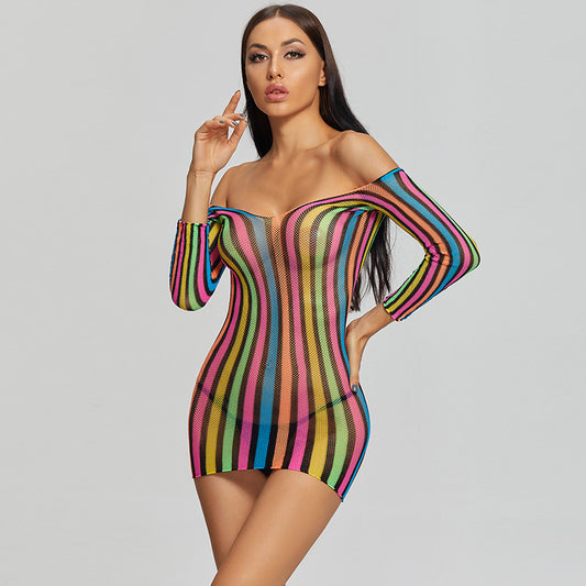 Mini-robe bodystocking à manches longues et sensuelle arc-en-ciel - Uniforme sexy et séduisant pour la tentation de la chambre à coucher