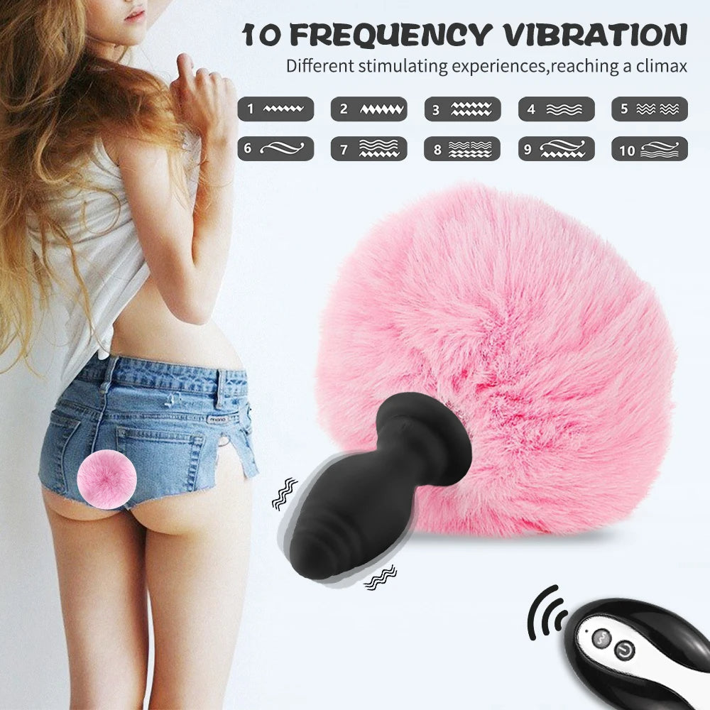 Bunny Tail Butt Plug - Remote Control Fluffy Plush Vibrating Butt Plug Erotic Girl Cosplay