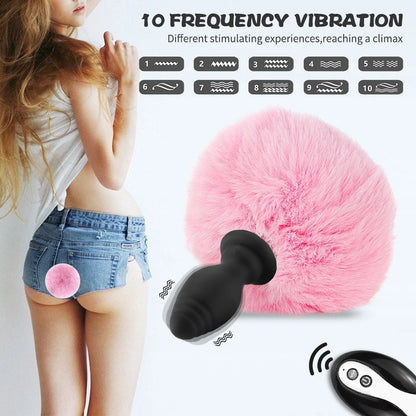 Bunny Tail Butt Plug - Remote Control Fluffy Plush Vibrating Butt Plug Erotic Girl Cosplay