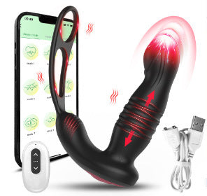 APP Control Vibrating Cock Ring Thrusting Dildo Anal Vibrator - Remoter Control Male Sex Toys