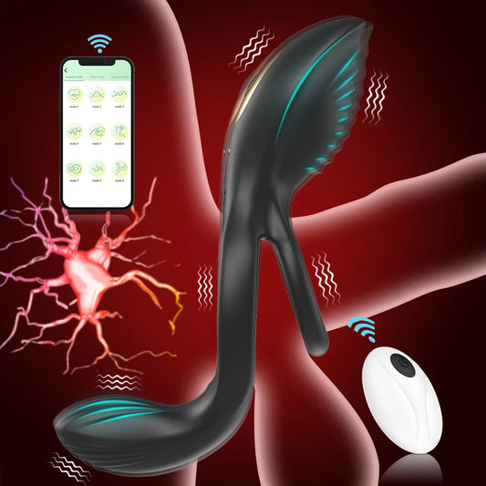 APP Remote Controlled Vibrating Cock Ring Male Sex Toys - Dual Rings Penis Massage Trainer