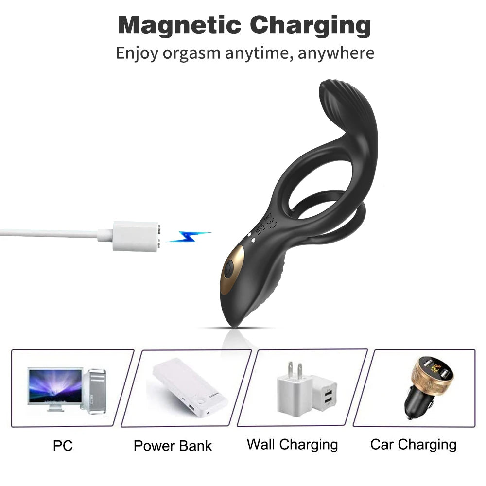 APP Remote Controlled Vibrating Cock Ring Male Sex Toys - Dual Rings Penis Massage Trainer