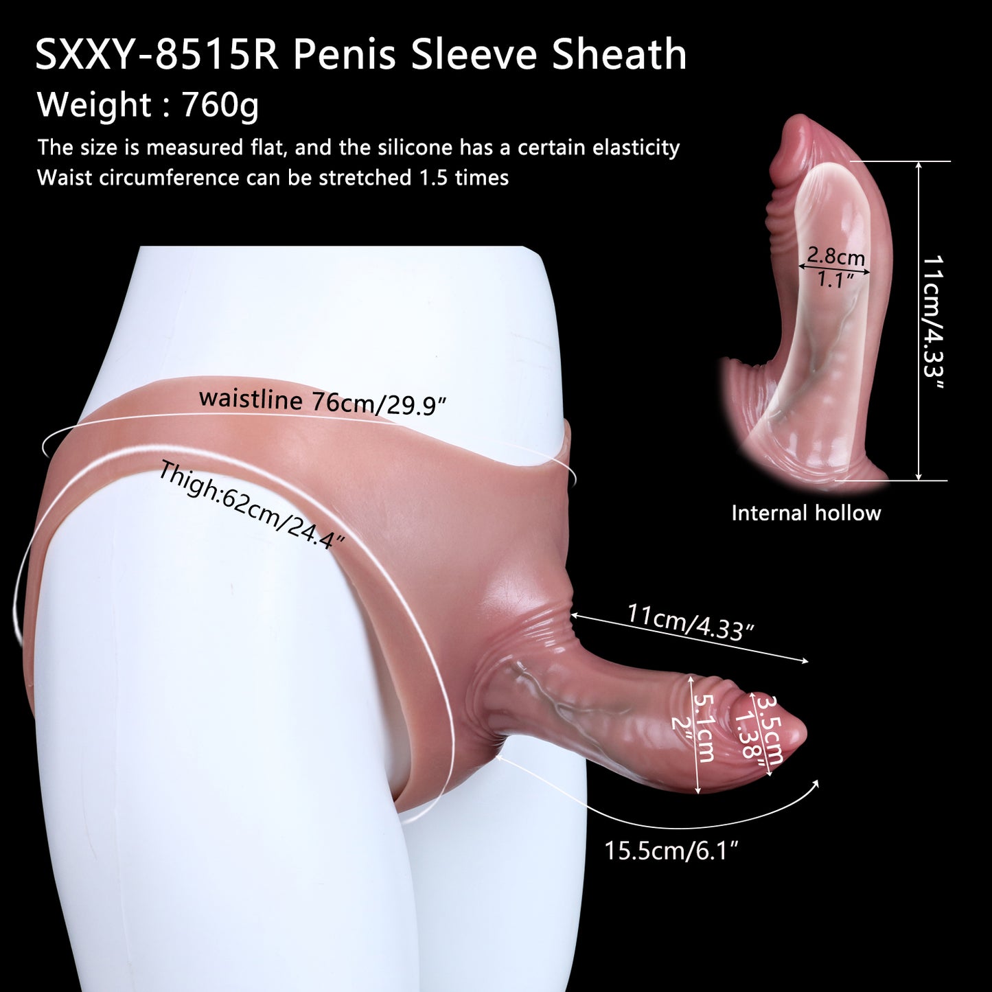 Realistic Bareskin Male Hollow Dildo Underwear - Small Glan Big Thick Penis Sleeve Extender Pant