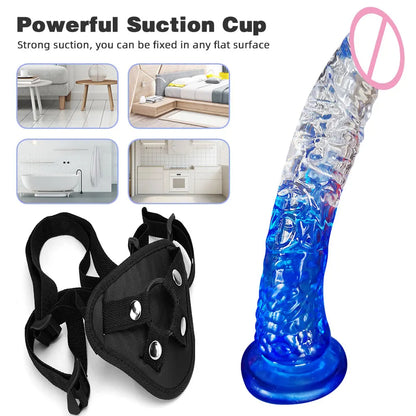 Strap On Dildo Couple Sex Toys - Harness Jelly Colorful Realistic Dildos for Lesbian