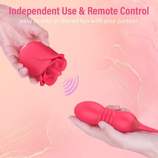 Rose Toy Combo - Remote Control Clit Stimulator Thrusting Dildos Women Vibrator